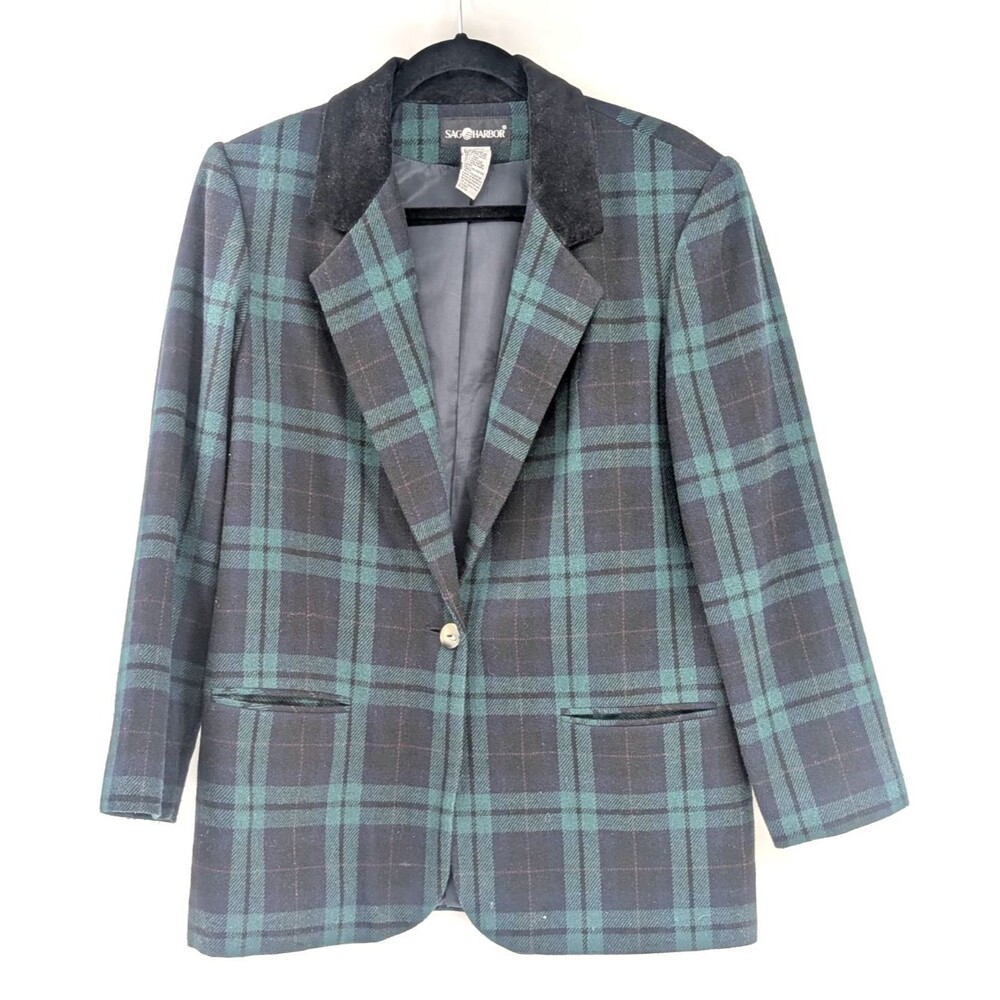 Sag Harbor Vintage 90's Wool Green Plaid Lined Blazer Velvet Collar Size Large